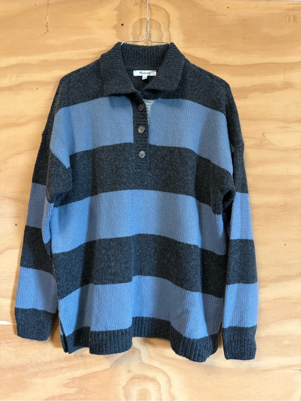 Madewell Blue and Charcoal Striped Crewneck Button Pullover Medium NWT